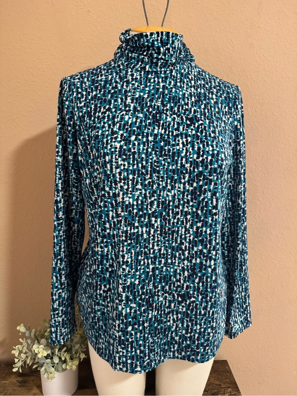 Susan Graver Teal and Navy Printed Long-Sleeve Mock Neck Top QVC